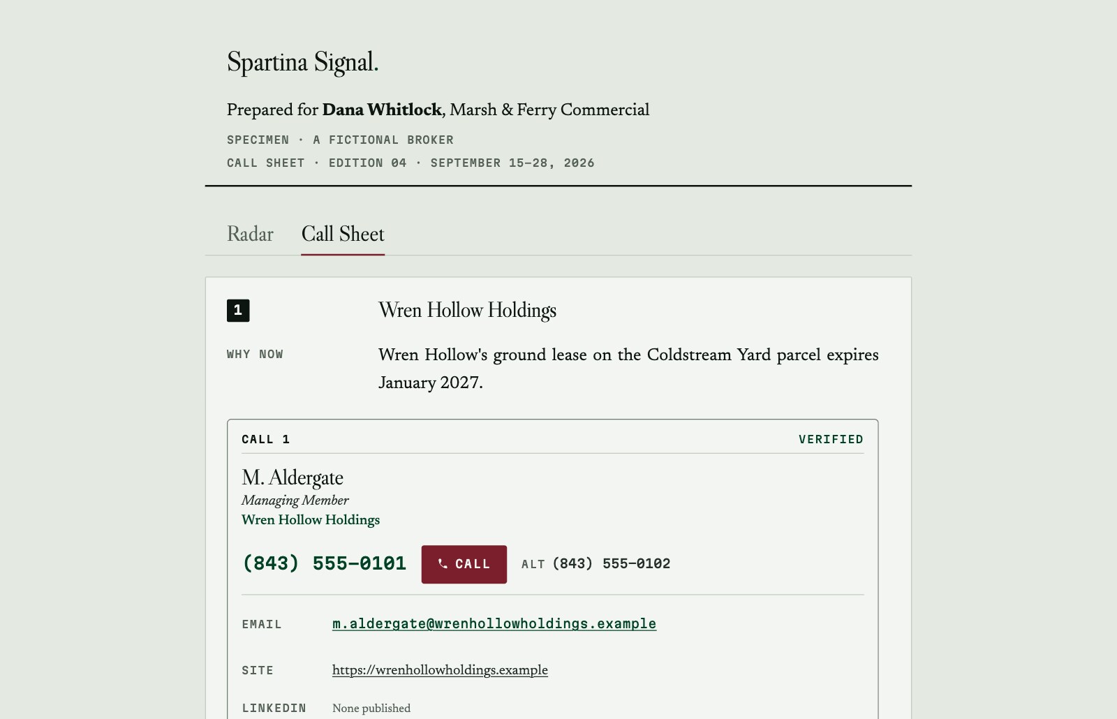 The Spartina Signal call sheet for a fictional broker, with one owner's Rolodex-style card open: why now, the verified contact, the phone number and a call button
