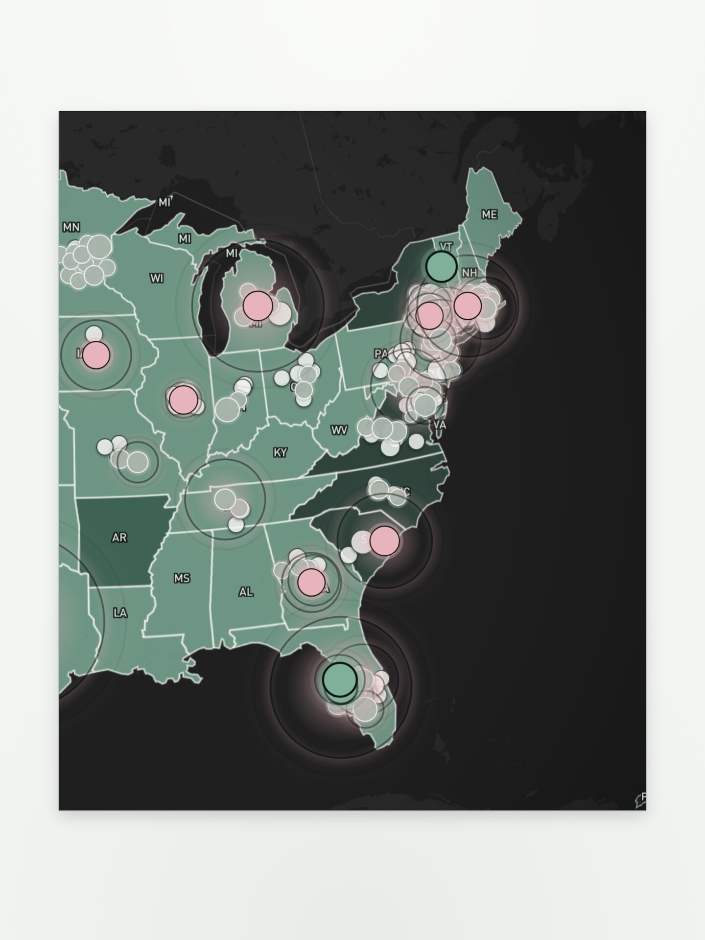 Plate III: Med Mapper geo-intelligence, a dark map of the eastern United States showing clinician coverage and concentration